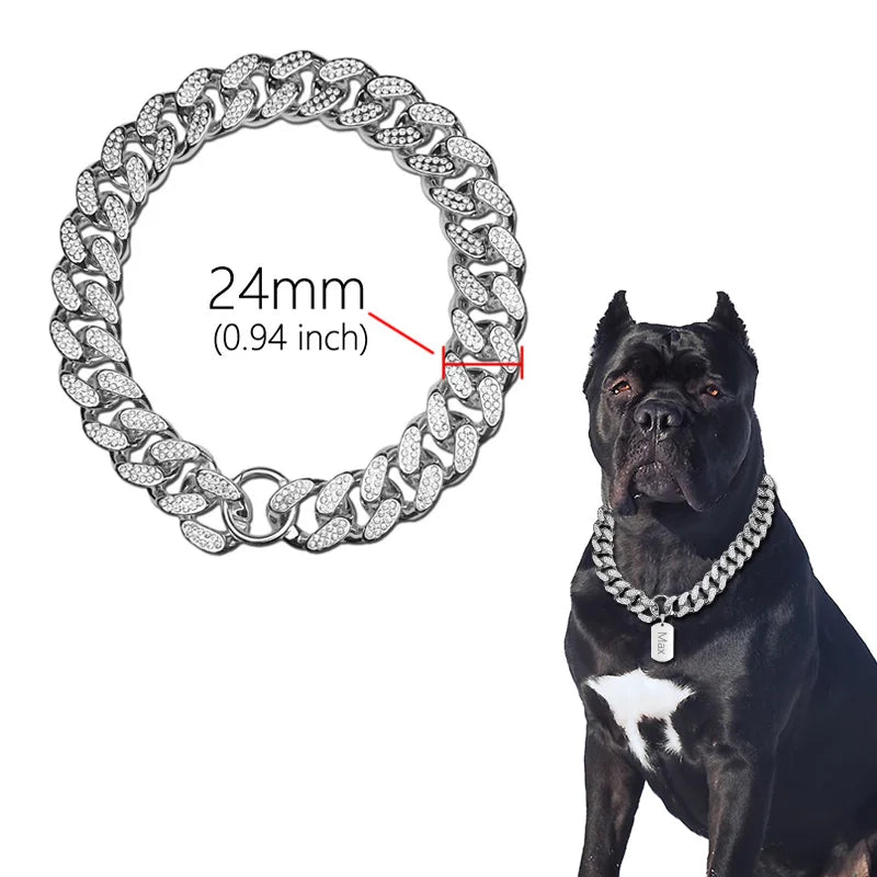 ABS Plastic Dog Collar Chain Diamond Inlay Sparkle Bulldog Necklace Cat Collars Pet Accessories Small Medium Large Dogs Golden